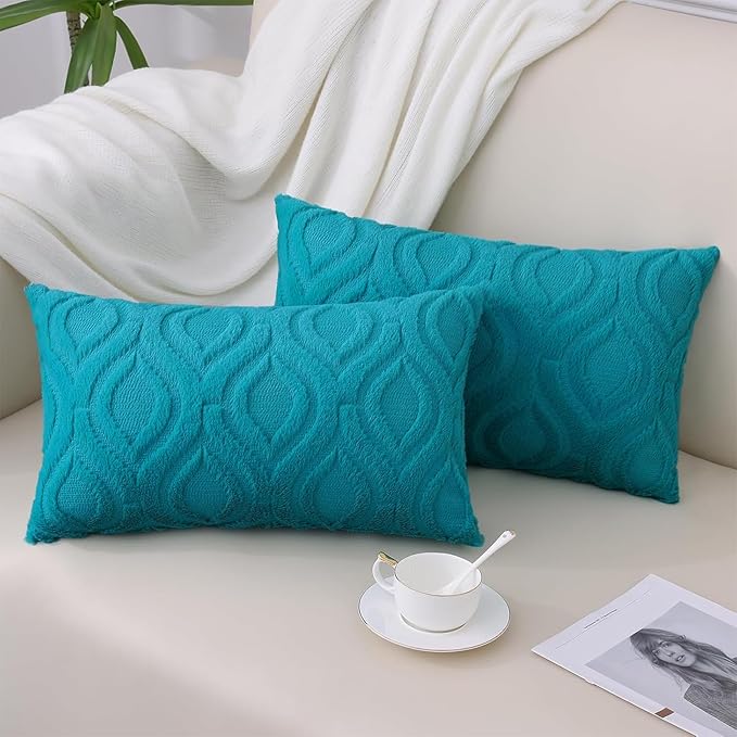 decorUhome Throw Pillow Covers 12x20 Inch Set of 2, Soft Plush Faux Wool Teal Solid Couch Pillow Covers, Accent Farmhouse Neutral Lumbar Pillow Cases for Sofa Bed Living Room