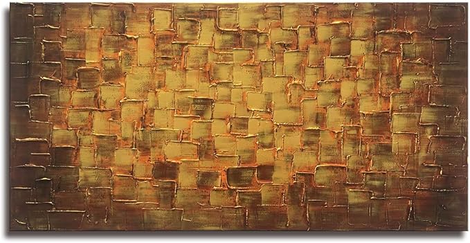 MyArton Textured Abstract Squares Canvas Wall Art Hand Painted Modern Golden Yellow Oil Painting for Decoration Ready to Hang 48x24inch