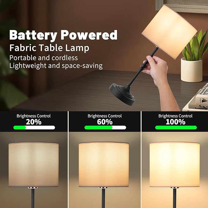 Portable Cordless Table Lamp,Built-in 5200mAH Rechargeable Battery, Dimmable Touch Wireless Light, Bed Side Metal Desk Lamp，Restaurant/Bedroom/Bar/Coffee/Night Light (Blcak)