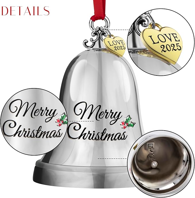 LARAINE Christmas Ornament Bell 2025 Silver Jingle Bell Hanging Ornament with Golden Metal Tag for Christmas Tree Decorations Engraved Metal Bell (Heart Tag (2025))