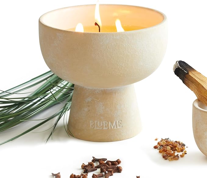 Blueme Spiritual Candle | Palo Santo & Vetiver | 3 Wick - Refillable Wellness Candle with Essential Oils, Hand Finished & Poured Soy Wax Blend Ceramic Vessel, Natural Cotton Wicks | Medium 12 oz