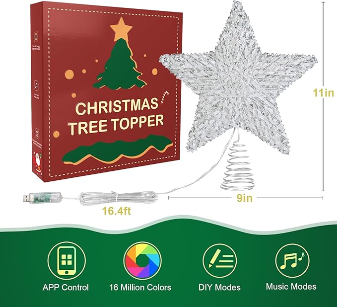 Christmas Tree Star Topper, LED Tree Decorations, UL Certified Colorful Star Tree Topper Lights for Home Garden USB Plug in Xmas Tree New Year Holiday, APP and Remote Control, DIY Dimmer(Silver)