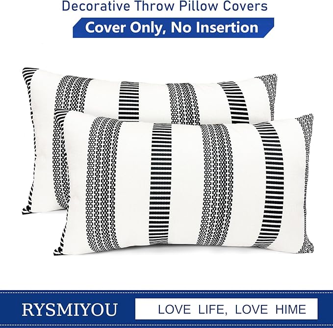 Decorative Throw Pillow Covers Set of 2 Black Boho Striped Pillow Covers 12x20 Inch Throw Pillow Cover Linen Pillowcase Farmhouse Outdoor Pillow Covers for Couch Sofa Bed Living Room