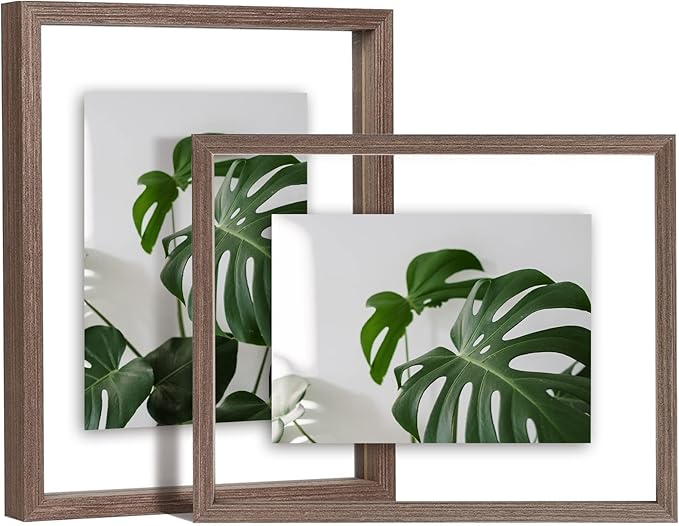 Egofine 8x10 Floating Frames Set of 2, Double Plexiglass Picture Frame, Made of Solid Wood Display Any Size Photo up to 8x10, Wall Mount or Tabletop Standing, Brown