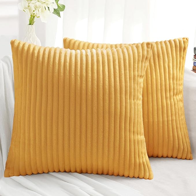Simmore Decorative Christmas Throw Pillow Covers 16x16 Set of 2, Soft Natural Plush Flannel Double-Sided Fluffy Couch Pillow Covers for Sofa Living Room, Mustard Yellow