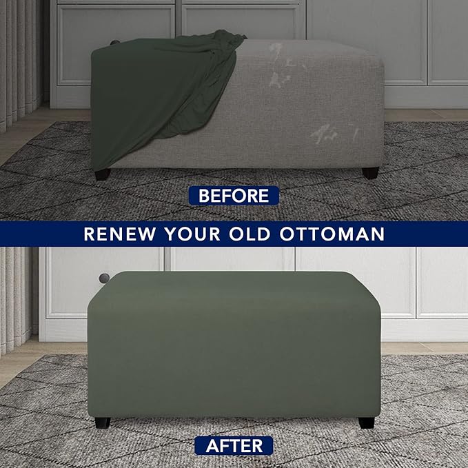 PureFit Super Stretch Soft Form Fit Ottoman Cover Rectangle - Ottoman Slipcovers for Foot Stool & Folding Storage Furniture for Living Room with Nonslip Elastic Bottom (Medium, Grayish Green)
