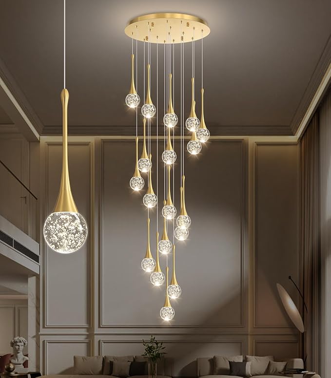 18 Light Modern Glam Crystal Chandelier for High Ceiling LED Dimmable Ceiling Pendant Light Staircase Foyer Enterway Living Room Chandelier Lighting Antique Gold