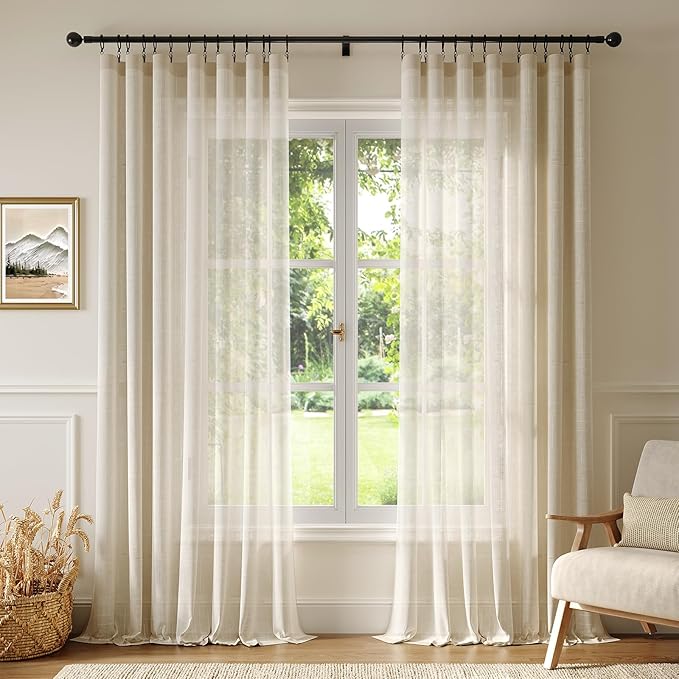 Anmao Natural Linen Curtains for Living Room 90 Inch Length 2 Panels Set, Light Filtering Semi Sheer Window Curtain Drapes for Bedroom with Curtain Rings and Clips, 52 Inch Wide Each Panel, Ecru
