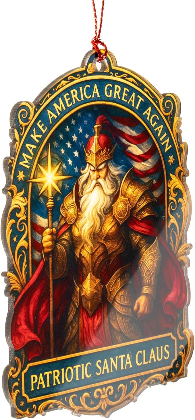 Patriotic Santa Ornament – American Flag Armor – USA Christmas Décor | Veteran Ornament Christmas Ornament 2025 – Suncatcher Effect Stained Glass Window – Car Hanging