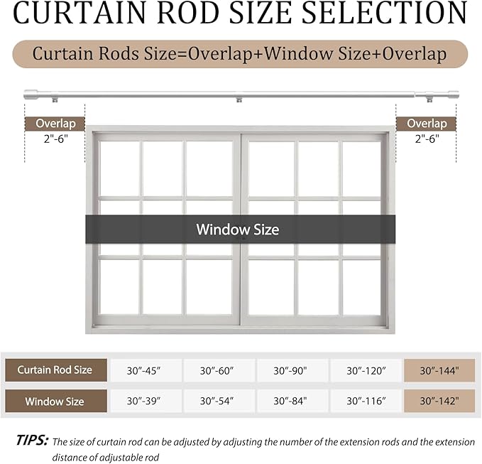 1” Diameter Silver Curtain Rods for Windows, 1 Pack 30-144 Inch Heavy Duty Window Rods, Long Adjustable Curtain Rod, Fits Most Standard Windows, Suitable for Bedroom, Living Room, Farmhouse