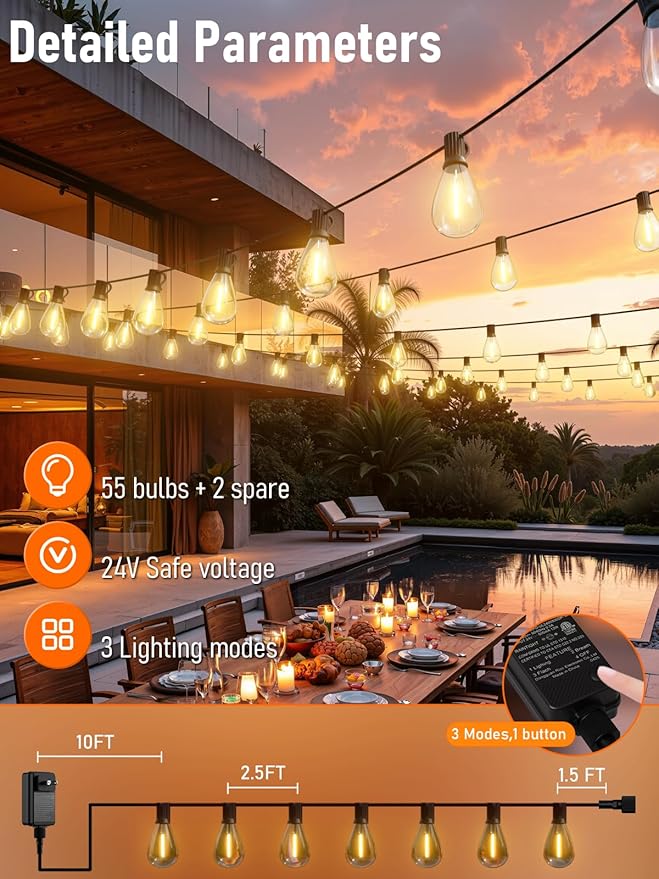 luckystyle 150FT LED Outdoor String Lights with Remote, 55+2 Shatterproof Bulbs Waterproof and Dimmable Patio Lights for Porch, Garden, Backyard, Deck, Balcony, 2700K Hanging Lighting