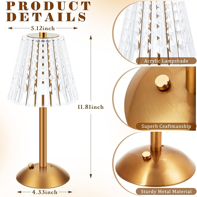 Liliful 2 Pcs LED Portable Cordless Table Lamp Touch Battery Operated Rechargeable Gold Desk Lamp 3 Color Dimmable for Bedroom Living Room Dining (Gold,Classic Style)