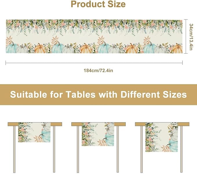 Fall Table Runner Blue Pumpkin Colorful Eucalyptus Leaves Thanksgiving Orange Green Watercolor Illustration Decor for Farmhouse Indoor Outdoor Party Holiday Dining Kitchen Restaurant Cafe W13xL72in