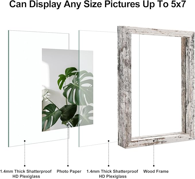 Egofine Distressed White 5x7 Floating Frames Set of 2, Double Plexiglass Picture Frame, Made of Solid Wood Display Any Size Photo up to 5x7, Wall Mount or Tabletop Standing
