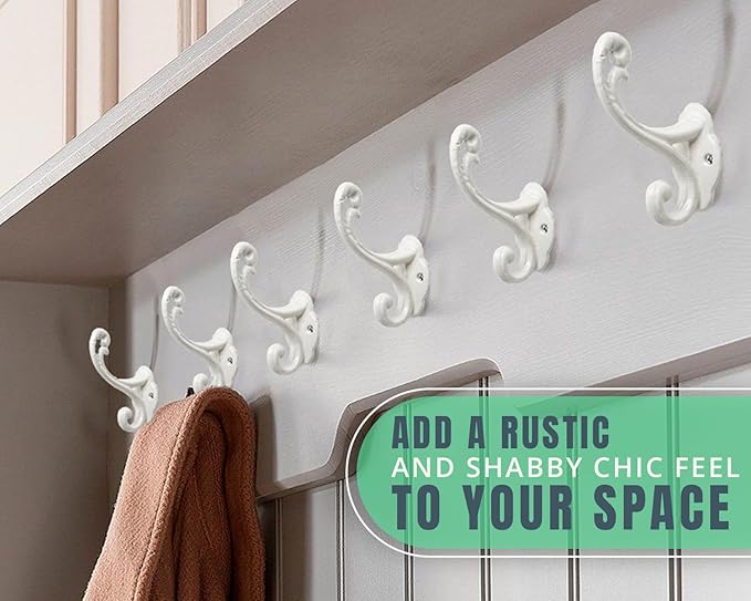 Comfify Decorative Rustic Wall Hooks – Shabby Chic Set of 4 Wall Mounted for Coats, Bags, Towels and More – Vintage Hooks for Farmhouse Decor - Sturdy, Cast Iron in Rustic White Color