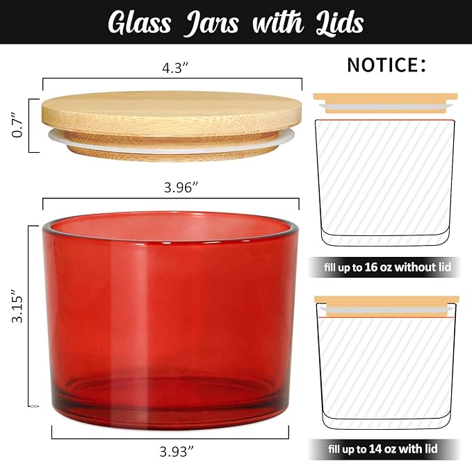 16oz Candle Jars 6 Pack, 3 Wick Christmas Red Glass Candle Jars with Bamboo Lids for Candle Making, Large Wide Mouth Empty Candle Container Bulk for 12/13/14/15oz Candles, Labels Included
