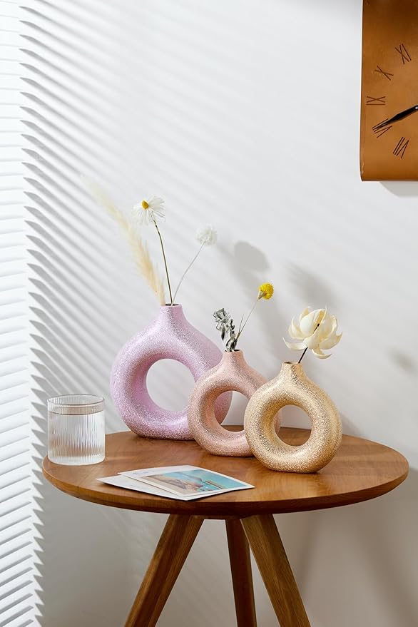 Modern Donut-Shaped Decorative Vases, Handmade Minimalist Boho ins Style, Modern Vase for Home Decor for Wedding Dinner Table Party Living Room Office Bedroom (Purple-Gold, Exra Large)