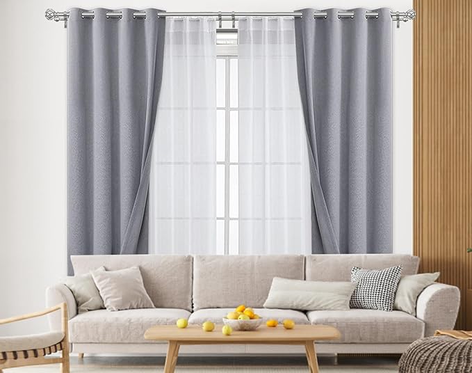 KAMANINA 1 Inch Double Curtain Rods for Windows 140 to 195 Inches (12-16 Feet), Silver Heavy Duty Double Curtain Rod, Telescoping Drapery Rod with Netted Texture Finials