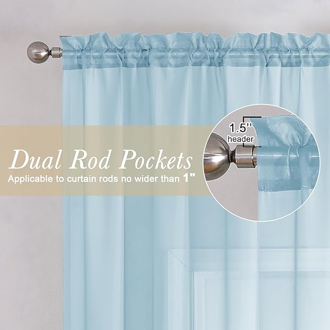 Lecloud Sky Blue Sheer Curtains 96 Inches Long 2 Panels, Light Filtering Voile Solid Air Curtains, Transparent Farmhouse Decor with Dual Rod Pocket for Dining Room Bedroom, Each 42" W x 96" L