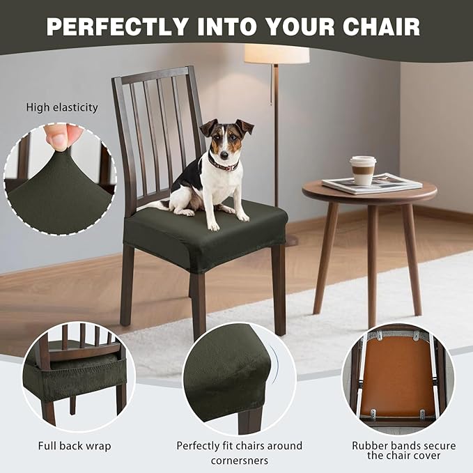 Dining Chair Seat Covers Set of 6, Stretch Velvet Chair Seat Slipcovers Protector, Removable Washable Kitchen Chair Covers for Dining Room Chairs (Set of 6, Military Green)
