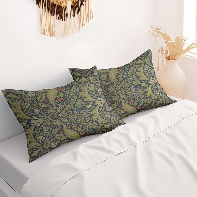 William Morris Pillow Protectors with Zipper Standard Size Vintage Floral Botanical Print Pillow Covers Set of 2 Dark Green Plant Leaf Pillowcases Mid Century Modern Bed Pillow Covers 20"x36"