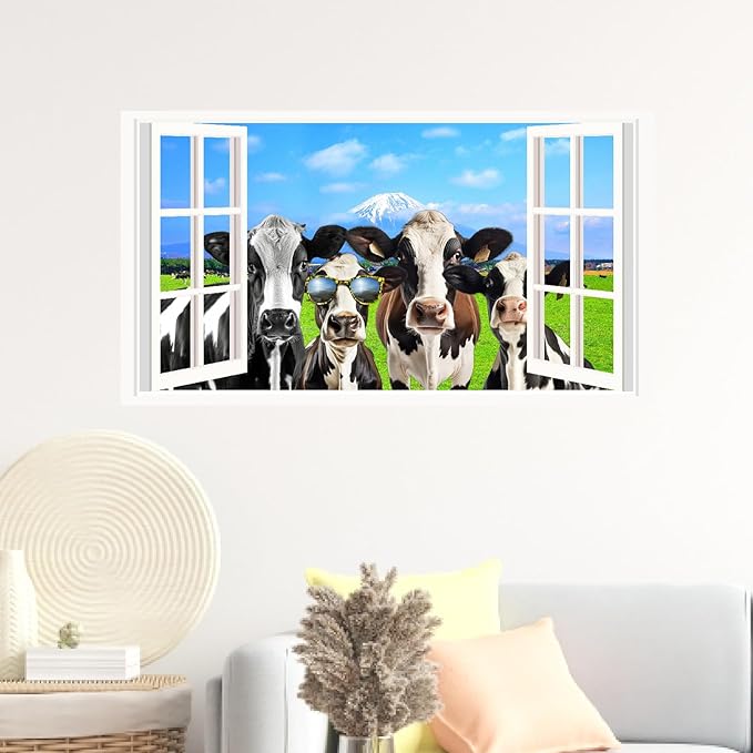 Funny Cow Wall Decals 3D Fake Window Stickers Farmhouse View Wall Decals 3D Peeking Cow Decal Funny Farm Animal Stickers Farmhouse Cow Decal for Living Room Bedroom Decor