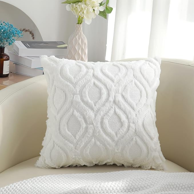 decorUhome Throw Pillow Covers 24x24 Inch Set of 2, Soft Plush Faux Wool Cream Beige Solid Couch Pillow Covers, Accent Farmhouse Neutral Square Pillow Cases for Sofa Bed Living Room