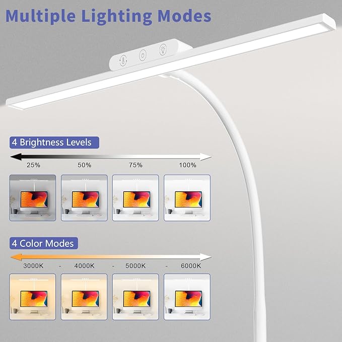 KableRika LED Desk Lamp with Base: Bright Desk Lights for Home Office - Eye Care Reading Table Lamps - Dimmable Desktop Lighting for Computer Monitor Study Drafting White
