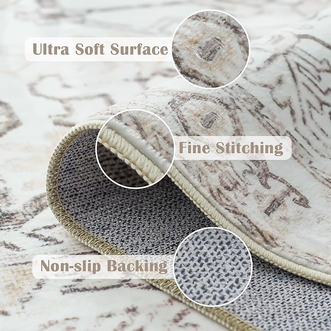 jinchan Lima Hallway Runner Rug 3x8 Washable - Vintage Floral Non Slip Low-Pile Soft Ultra-Thin Faux Wool Kitchen Rug Distressed Carpet Runner for Farmhouse Bedroom Laundry (3x8ft, Taupe)