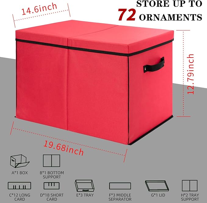 JY COOKMENT Christmas Ornament Storage Box with Adjustable Dividers, Large Holiday Ornaments Storage Container Bin with Lid for Xmas Decorations (72-3" Balls, Red, With Removable Tray)