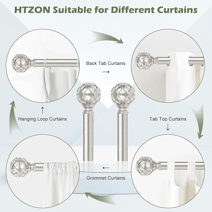 Silver Curtain Rods for Windows 2 Pack:Farmhouse Boho Decorative Curtain Rod for Bedroom Living Room,Heavy Duty Adjustable Rustic Drapery Rods with Vintage Coastal Finials,Antique Silver 36-88"