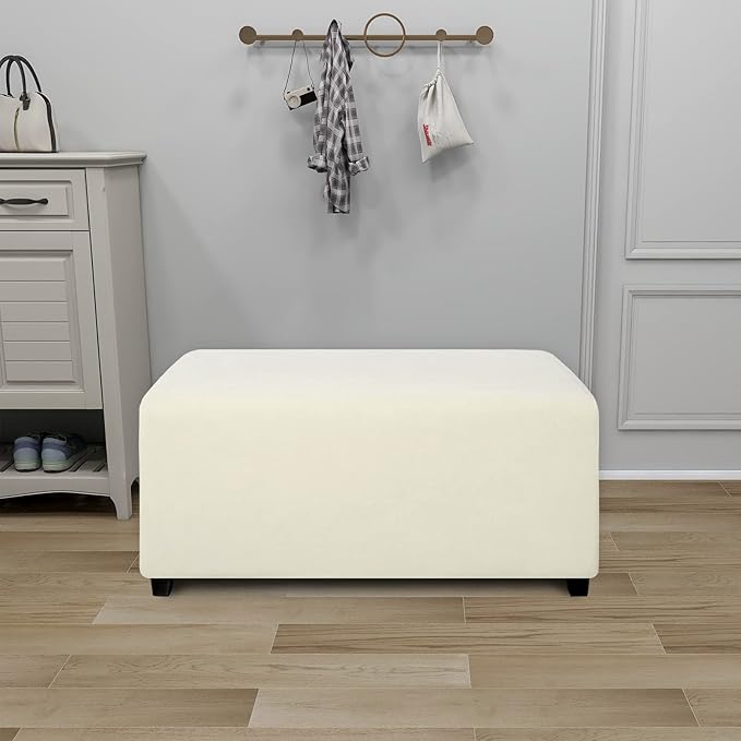 PureFit Super Stretch Soft FormFit Ottoman Cover Rectangle - Ottoman Slipcovers for Foot Stool & Folding Storage Furniture for Living Room with Nonslip Elastic Bottom (Large, Ivory)