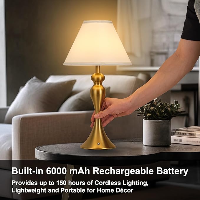 Rechargeable Cordless Table Lamps, Battery Operated Lamp with Fabric Shade for Decor, 3 Color Stepless Dimming LED Table Light, Nightstand Lamp for Nursery, Bedroom, Living Room, Home Office (Brass)
