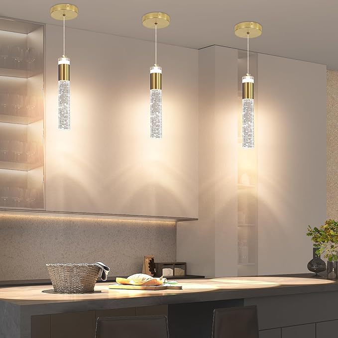 3 Pack Modern Kitchen Island Pendant Lights, Gold Bubble Crystal Ceiling Hanging Light, 3 Color 2700K/4500K/6500K, Mini Linear LED Chandelier Lighting for Dining Room, Bedroom, Bar, Hallway, Bedside