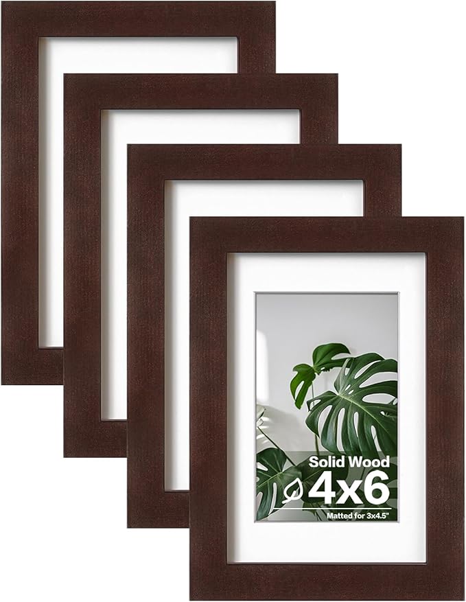 Egofine 4x6 Picture Frames with Plexiglass, Display Pictures 3x4.5 and 3.5x5 with Mat or 4x6 Without Mat Set of 4 for Tabletop and Wall Mounting, Walnut Color