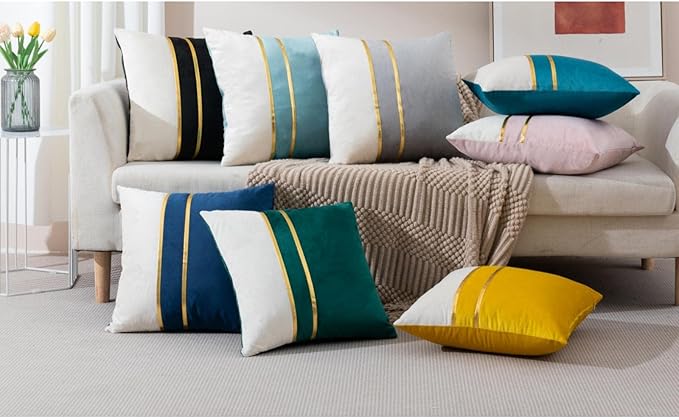 ZLINA Set of 2 Velvet Decorative Throw Pillow Covers Yellow White Patchwork with Gold Leather Pillow Covers 24 × 24 Inch Cushion Covers Decor Living Room Sofa Bedroom Car