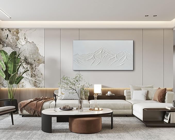 Creespi Hand-Painted Textured White Mountain Oil Painting on Canvas 24x48 inch,Modern Minimalist Abstract Landscape Wall Art for Home Wall Décor