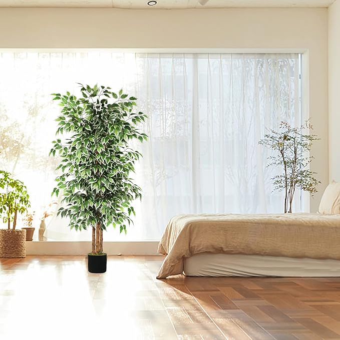 GTIDEA 6ft Artificial Tree Ficus, Tall Faux Trees Indoor with Natural Trunk and Fake Silk Tree Fake Plants for Home Winter Decor Living Room Outdoor Balcony House Office (Included Dried Moss)