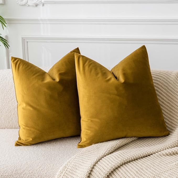 JUSPURBET Throw Pillow Covers Set of 2 Decorative 26x26 Velvet Pillow Covers for Couch Sofa Bed Soft Cushion Covers Cases with Invisible Zipper for Living Room Home Decor,Mustard Yellow