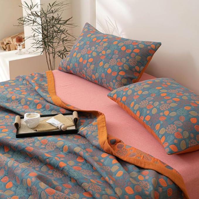 100% Cotton Jacquard Quilt Rustic Floral Leaves Print,Soft Muslin Bed Cover 3 Layers Reversible Bedspread Coverlet Breathable Lightweight Bedding,King(98"x94"), No Pillow Sham