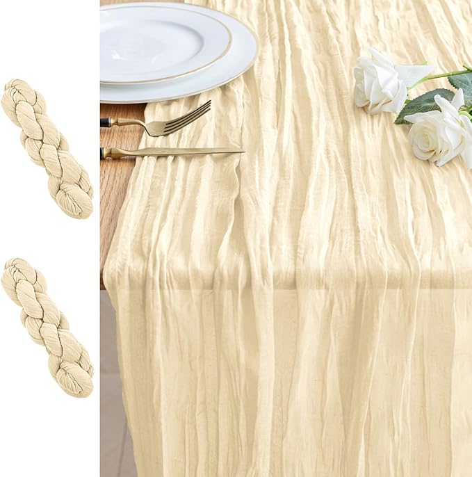 2PCS Table Runner Cheesecloth 10FT Beige Boho Gauze Cheese Cloth Rustic Sheer Table Runners for Wedding Bridal Baby Shower Party Decoration