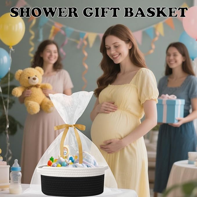 Small Woven Rope Basket-Empty Gifts Basket with Bag and Ribbons,Cute Handle Organizer Box for Birthday/Baby Shower, Toy Storage, Nursery Organizing & Shelf Decor(White&Black)