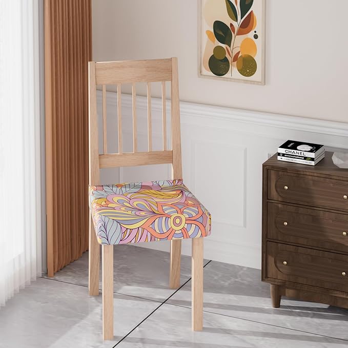 Stretch Dining Chair Seat Covers Set of 6,Dining Chair Slipcovers, Floral Printed Chair Covers,Soft Fabric Washable Upholstered Chair Seat Protector, No Rear Covers for Home Kitchen Dining Room