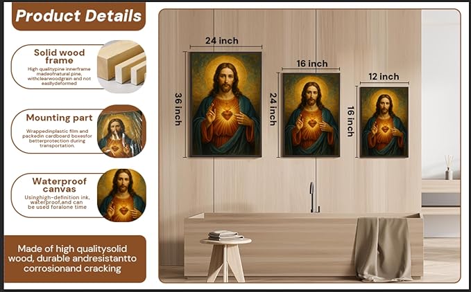 Eysintum Sacred Heart of Jesus Wall Art Christian Canvas Print Religious Home Decor Catholic Picture for Bedroom Living Room Prayer Room Ready to Hang 12x16in