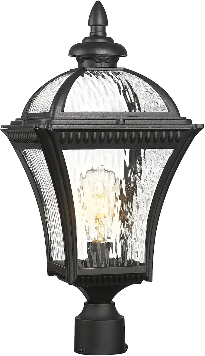 Emliviar 22" Outdoor Lighting for Post, Black Exterior Lamp Post Light Fixture for Yard, Aluminum Pillar Light with Water Ripple Glass, XE266P-SW BK