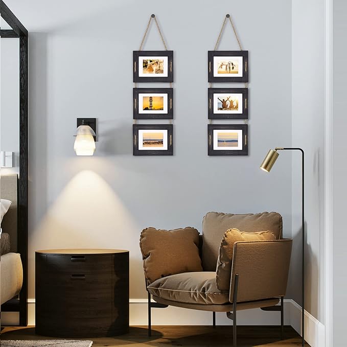DLQuarts 5x7 Hanging Picture Frames Collage Wall Decor, 3-Opening Photo Frames Set, 3.5x5 with Mat or 5x7 Without Mat, Rustic Solid Wood Photo Frame Pack of 2, Weathered Black