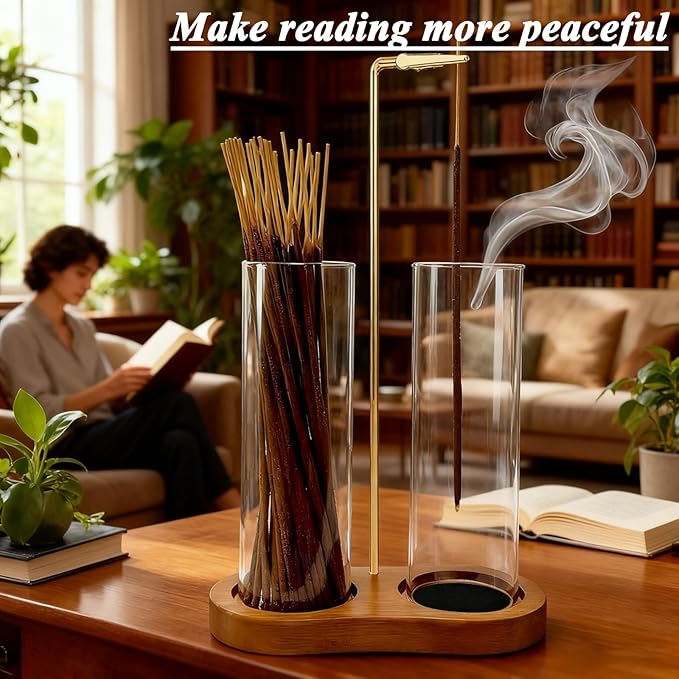 Glass Incense Holder, 2 in 1 Incense Holder for Sticks Incense Burner Holder with Storage & Sticky Pads, Anti-Ash Flying Incense Burne and Organizer Meditation Yoga Spa Room Decor