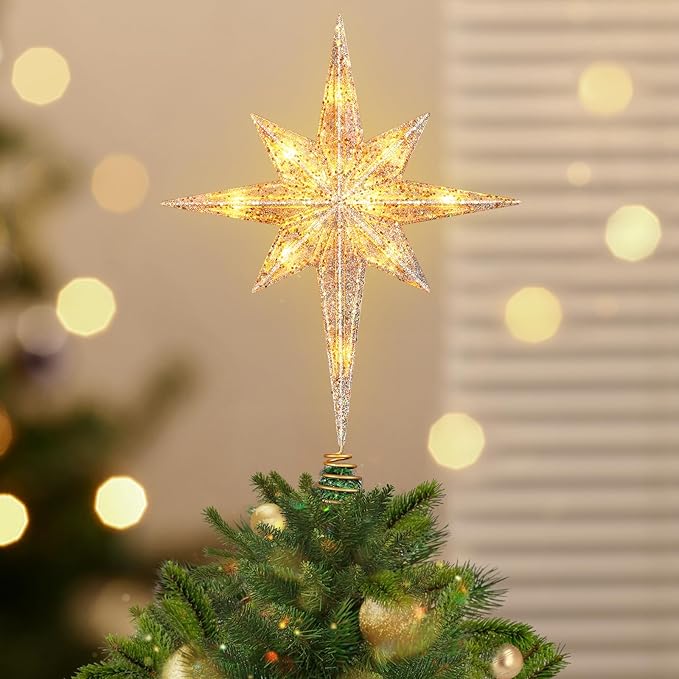 Luxspire Christmas Tree Topper, Lighted Star Tree Topper with USB Plug-in & Remote Control, 10" LED Christmas Decorations Light, Xmas Trees Vintage Ornament for Home, Bethlehem Star-Champagne Gold