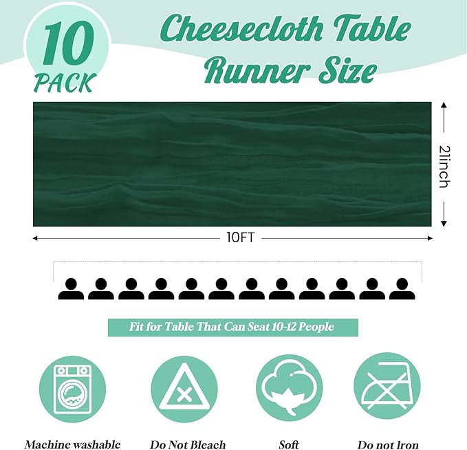 10Pack Emerald Green Cheesecloth Table Runner,10FT/120 Inch Boho Gauze Fabric Table Runner,Rustic Sheer Dark Green Cheese Cloth Runner Bulk for Wedding,Bridal Baby Shower,Christmas Party,Table Decor