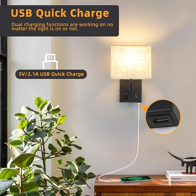 Bedside Wall Mount Light with Outlet and Dimmable Switch, Black Fabric Shade Wall Sconce Light with USB Port and Plug in Cord, Perfect for Bedroom, Living Room and Hotel…